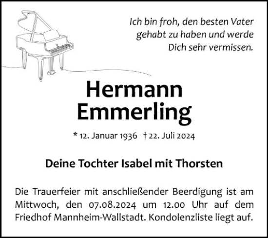Traueranzeige von Hermann Emmerling von Mannheimer Morgen