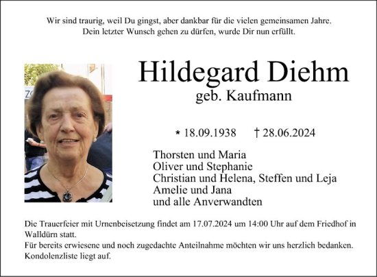 Traueranzeige von Hildegard Diehm von Fränkische Nachrichten