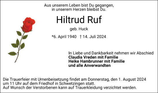 Traueranzeige von Hiltrud Ruf von Schwetzinger Zeitung