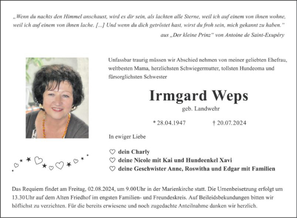  Traueranzeige für Irmgard Weps vom 30.07.2024 aus Fränkische Nachrichten