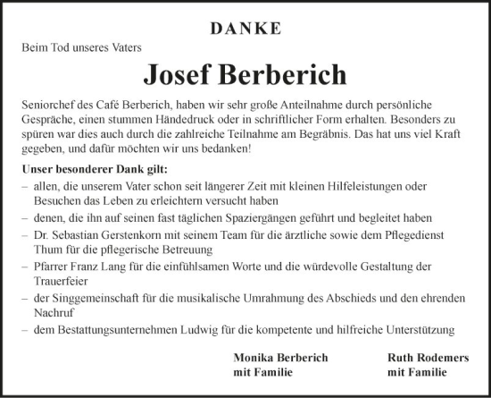 Traueranzeige von Josef Berberich von Fränkische Nachrichten