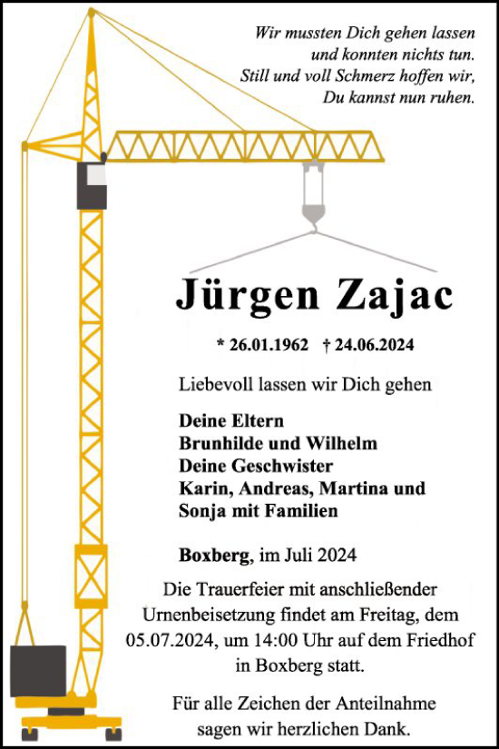 Traueranzeige von Jürgen Zajac von Fränkische Nachrichten