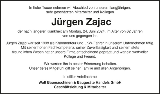 Traueranzeige von Jürgen Zajac von Fränkische Nachrichten