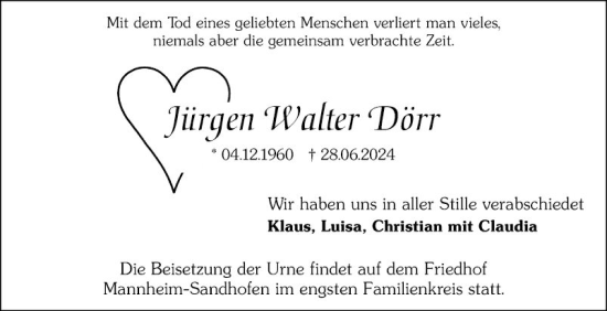 Traueranzeige von Jürgen Walter Dörr von Mannheimer Morgen