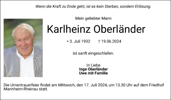 Traueranzeige von Karlheinz Oberländer von Mannheimer Morgen