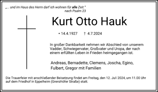 Traueranzeige von Kurt Otto Hauk von Mannheimer Morgen