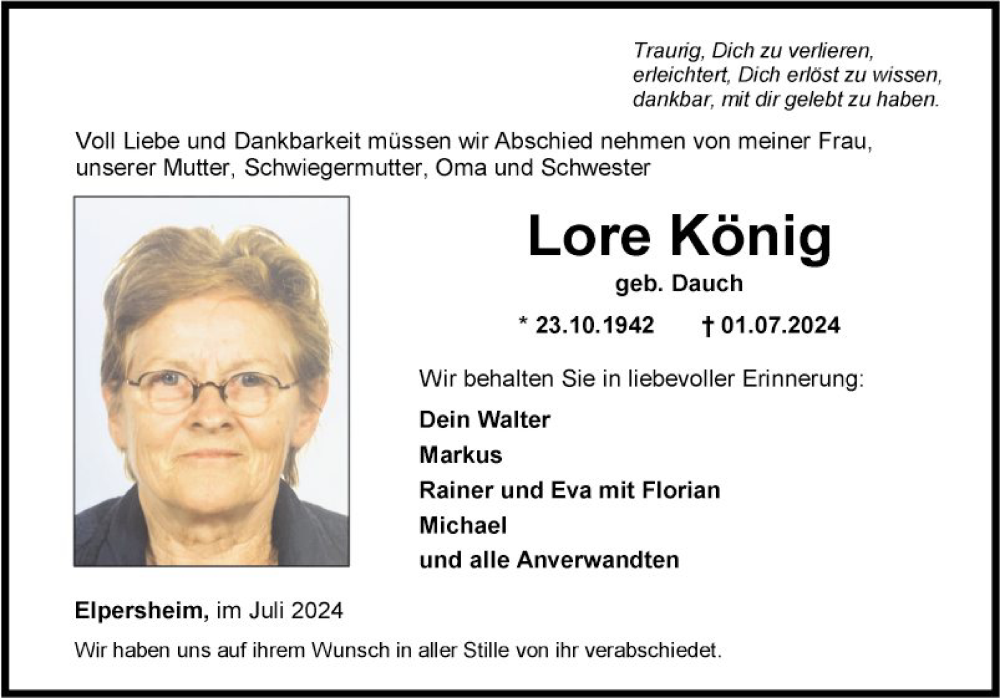  Traueranzeige für Lore König vom 27.07.2024 aus Fränkische Nachrichten