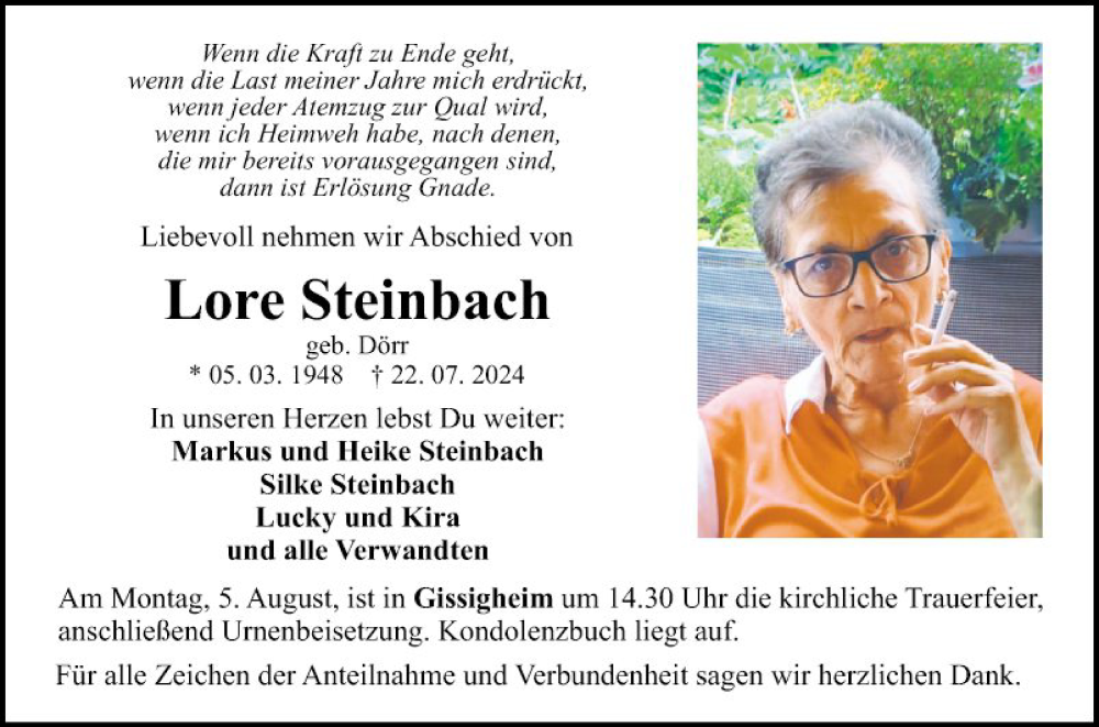  Traueranzeige für Lore Steinbach vom 30.07.2024 aus Fränkische Nachrichten