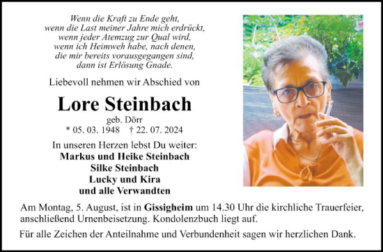 Traueranzeige von Lore Steinbach von Fränkische Nachrichten