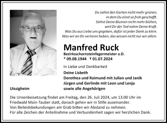 Traueranzeige von Manfred Ruck von Fränkische Nachrichten