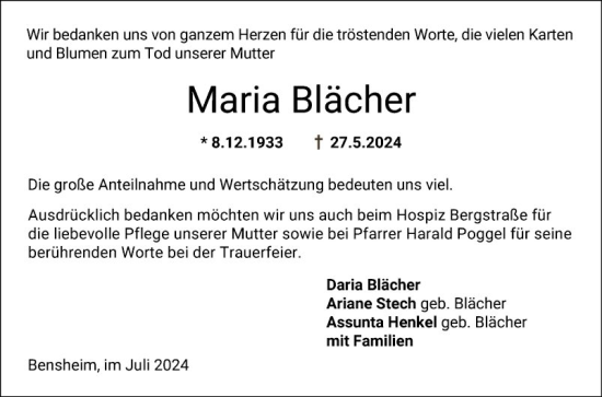 Traueranzeige von Maria Blächer von Bergsträßer Anzeiger