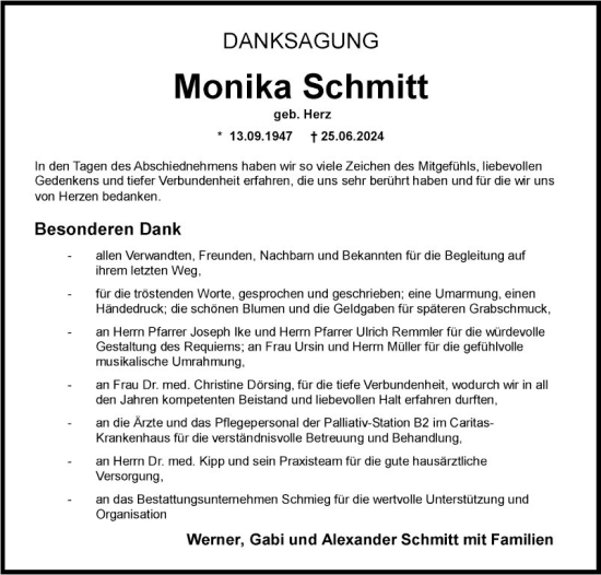 Traueranzeige von Monika Schmitt von Fränkische Nachrichten