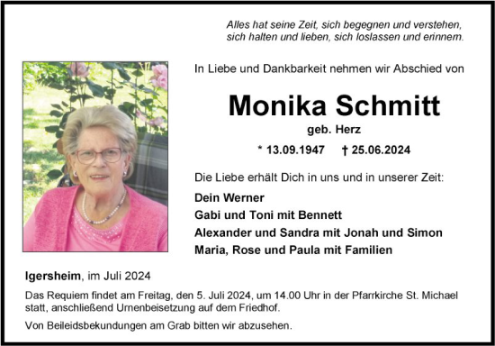 Traueranzeige von Monika Schmitt von Fränkische Nachrichten