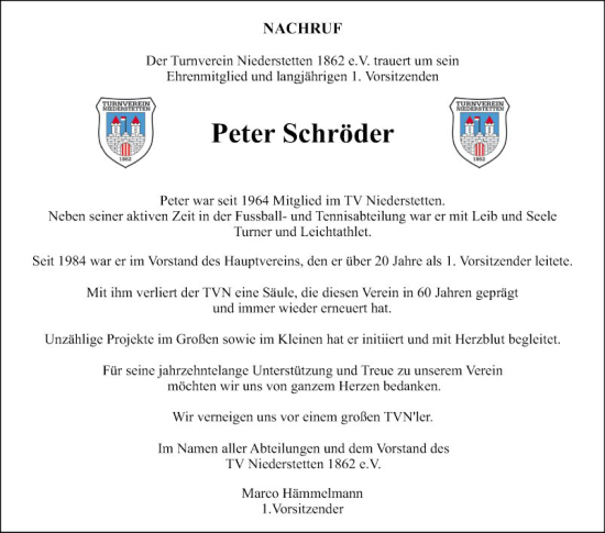 Traueranzeige von Peter Schröder von Fränkische Nachrichten