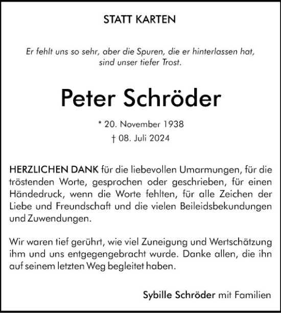 Traueranzeige von Peter Schröder von Fränkische Nachrichten