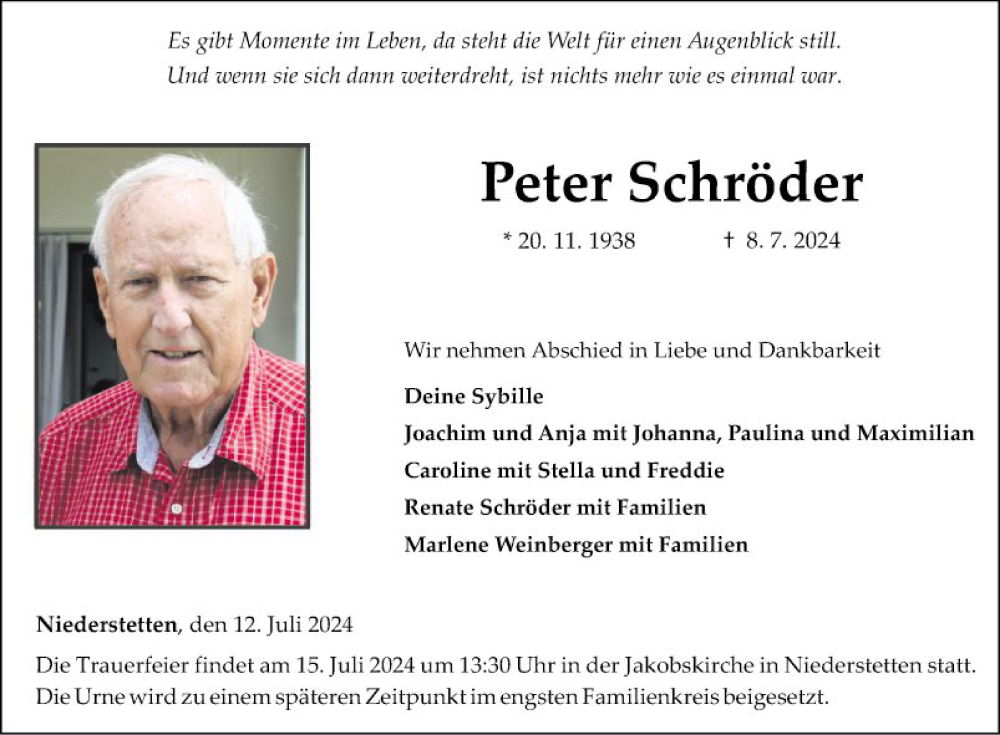  Traueranzeige für Peter Schröder vom 12.07.2024 aus Fränkische Nachrichten