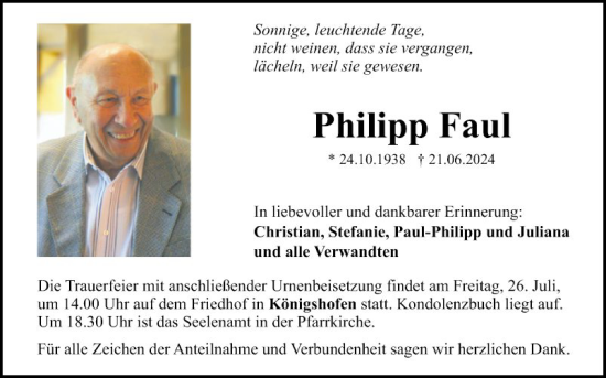 Traueranzeige von Philipp Faul von Fränkische Nachrichten