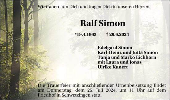 Traueranzeige von Ralf Simon von Schwetzinger Zeitung