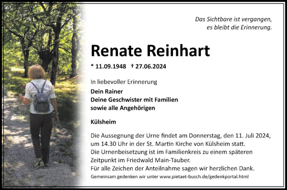  Traueranzeige für Renate Reinhart vom 09.07.2024 aus Fränkische Nachrichten