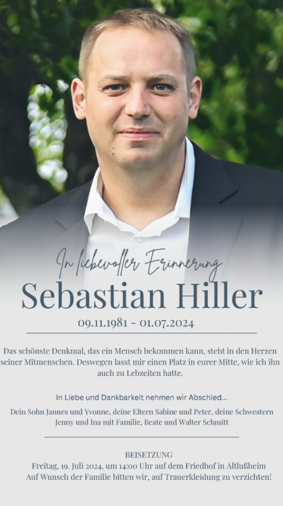  Traueranzeige für Sebastian Hiller vom 13.07.2024 aus Schwetzinger Zeitung