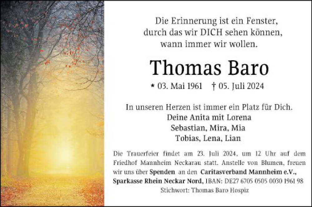  Traueranzeige für Thomas Baro vom 20.07.2024 aus Mannheimer Morgen