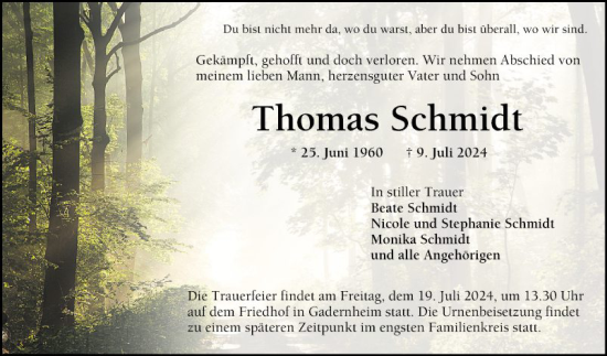 Traueranzeige von Thomas Schmidt von Bergsträßer Anzeiger