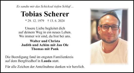 Traueranzeige von Tobias Scherer von Fränkische Nachrichten