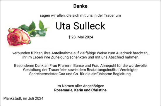 Traueranzeige von Uta Sulleck von Schwetzinger Zeitung