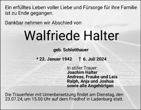 Traueranzeige von Walfriede Halter von Mannheimer Morgen