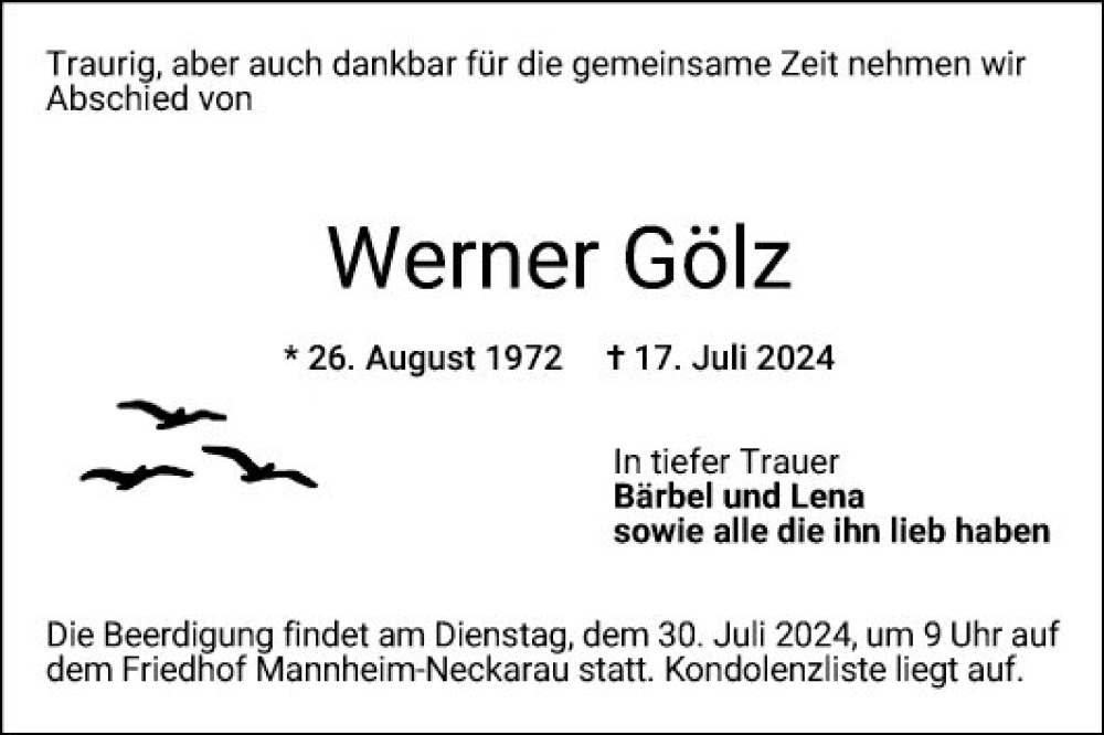  Traueranzeige für Werner Gölz vom 27.07.2024 aus Mannheimer Morgen