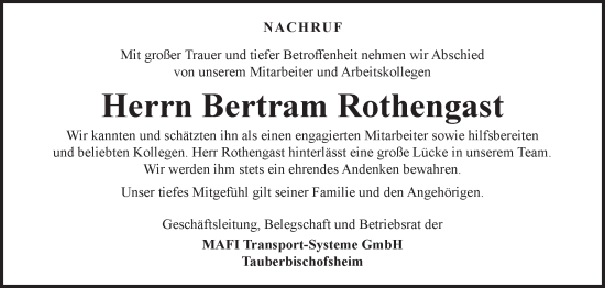 Traueranzeige von Bertram Rothengast von Fränkische Nachrichten