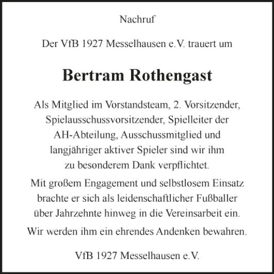 Traueranzeige von Bertram Rothengast von Fränkische Nachrichten