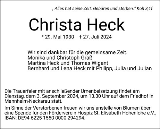 Traueranzeige von Christa Heck von Mannheimer Morgen