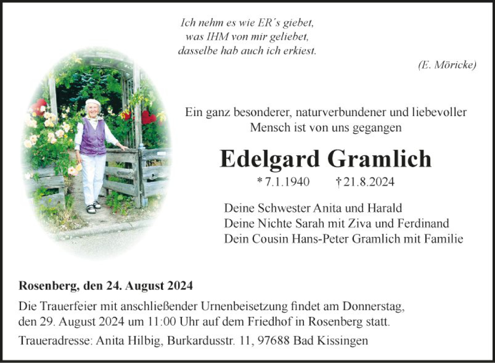  Traueranzeige für Edelgard Gramlich vom 24.08.2024 aus Fränkische Nachrichten