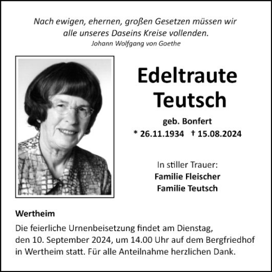 Traueranzeige von Edeltraute Teutsch von Fränkische Nachrichten