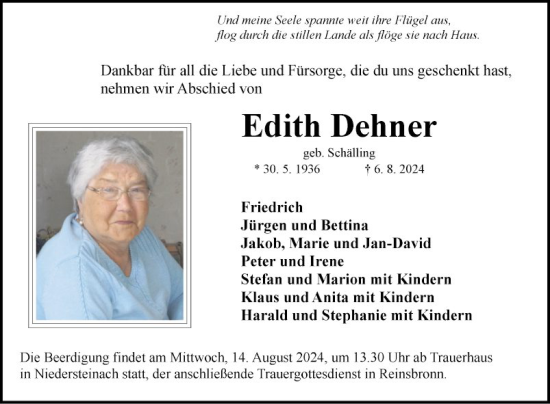 Traueranzeige von Edith Dehner von Fränkische Nachrichten