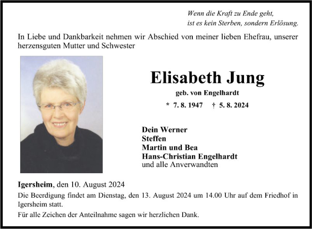  Traueranzeige für Elisabeth Jung vom 10.08.2024 aus Fränkische Nachrichten