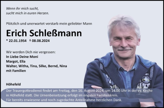 Traueranzeige von Erich Schleßmann von Fränkische Nachrichten
