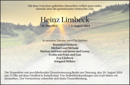 Traueranzeige von Heinz Limbeck von Schwetzinger Zeitung