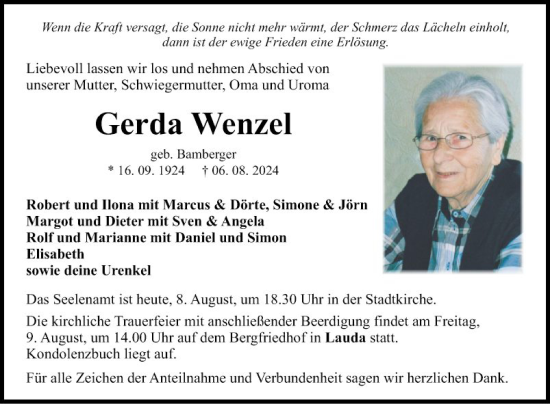 Traueranzeige von Gerda Wenzel von Fränkische Nachrichten