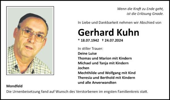 Traueranzeige von Gerhard Kuhn von Fränkische Nachrichten