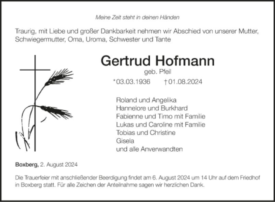 Traueranzeige von Gertrud Hofmann von Fränkische Nachrichten