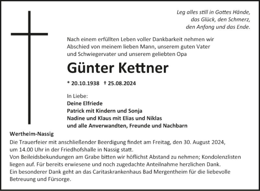  Traueranzeige für Günter Kettner vom 28.08.2024 aus Fränkische Nachrichten