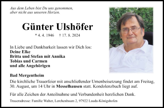 Traueranzeige von Günter Ulshöfer von Fränkische Nachrichten