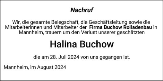 Traueranzeige von Halina Buchow von Mannheimer Morgen