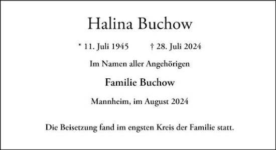 Traueranzeige von Halina Buchow von Mannheimer Morgen