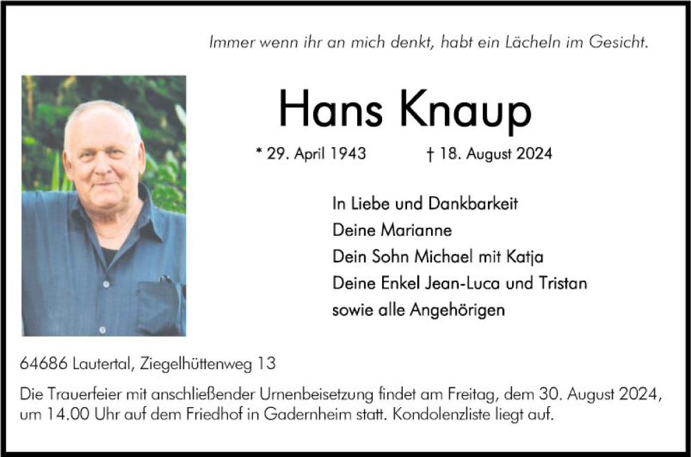  Traueranzeige für Hans Knaup vom 24.08.2024 aus Bergsträßer Anzeiger