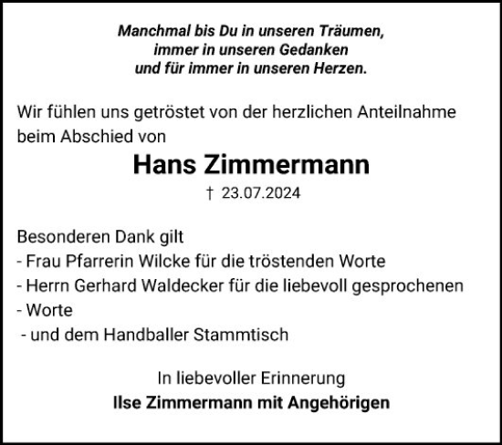 Traueranzeige von Hans Zimmermann von Schwetzinger Zeitung