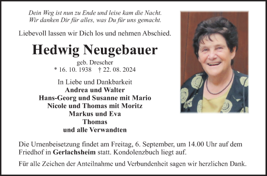 Traueranzeige von Hedwig Neugebauer von Fränkische Nachrichten