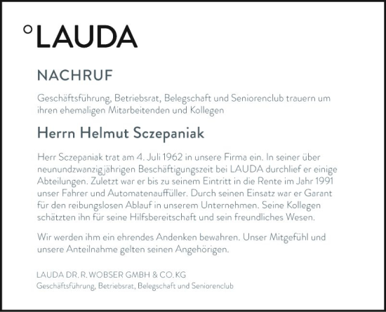 Traueranzeige von Helmut Sczepaniak von Fränkische Nachrichten